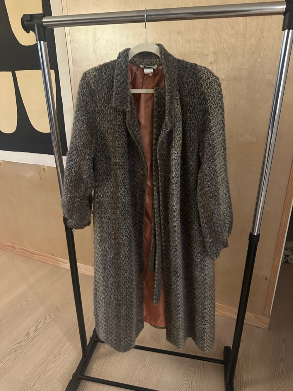 Vintage Gray Bouclé Long Coat with Tie Front
